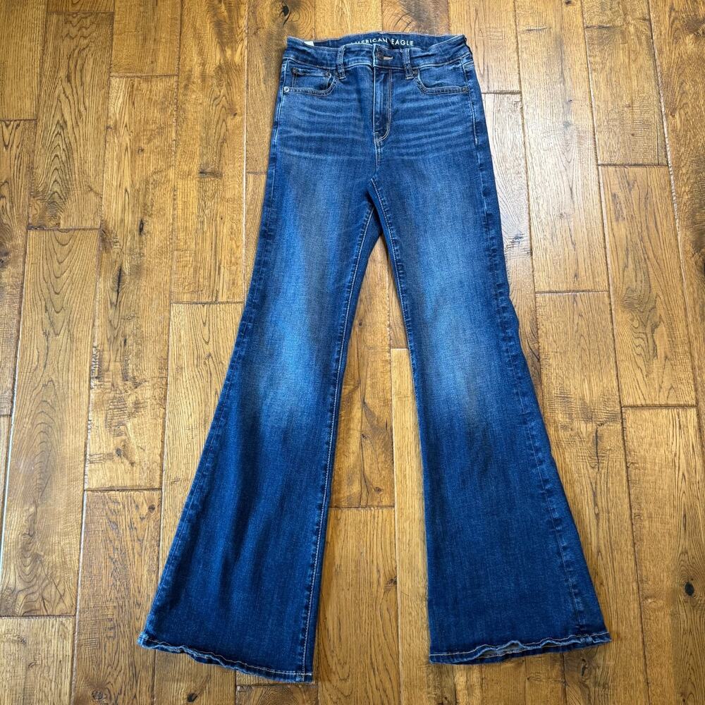 American Eagle Super High-Rise Flare Jeans Women Sz 0 Stretch Dark Wash Denim
